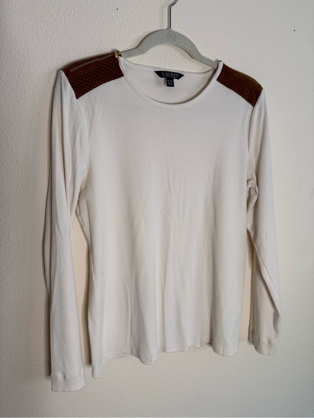 Lauren Ralph Lauren Cream Long Sleeve Top with Brown Zipper Shoulder Panels